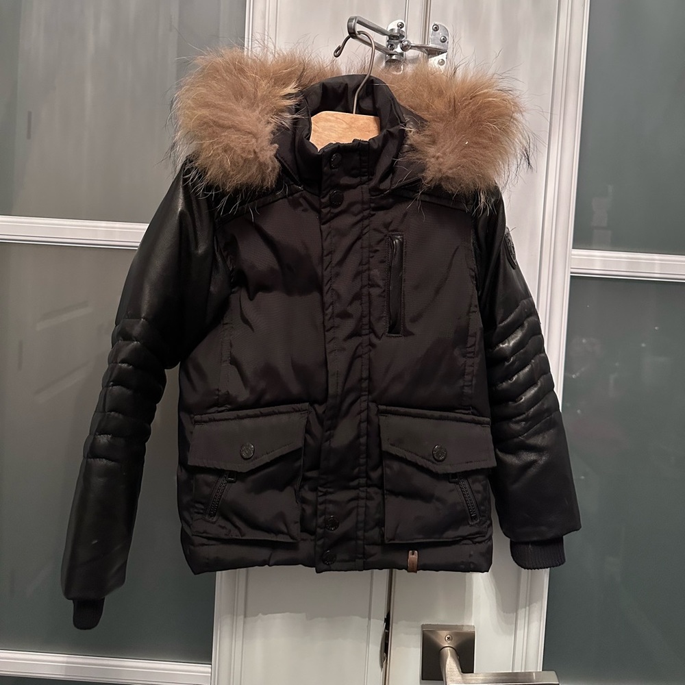 Rudsak kids Winter jacket fur, leather, thermal nylon parka size 3/4
